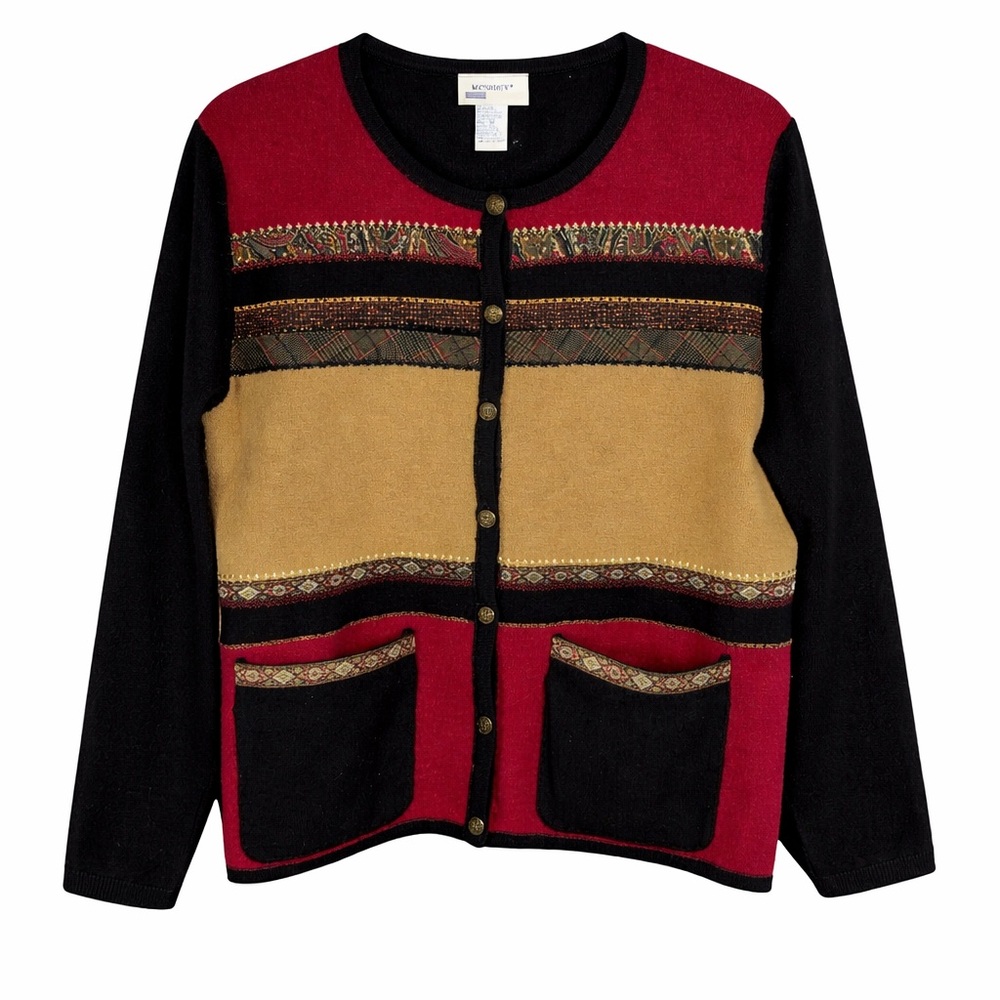 Koret Red Black Gold Colorblock Cardigan Sweater